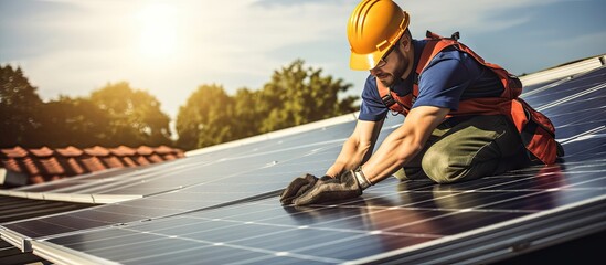 Worker in yellow hard hat installing solar panels on building roof using a drill. with copy space image. Place for adding text or design