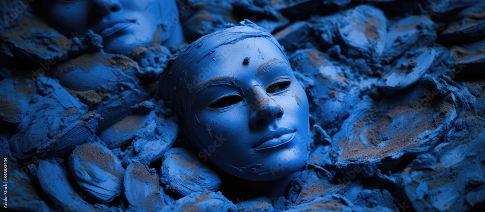 Aufkleber Close-up of a blue mask with a face design, showcasing the clay's texture in selective focus. with copy space image. Place for adding text or design