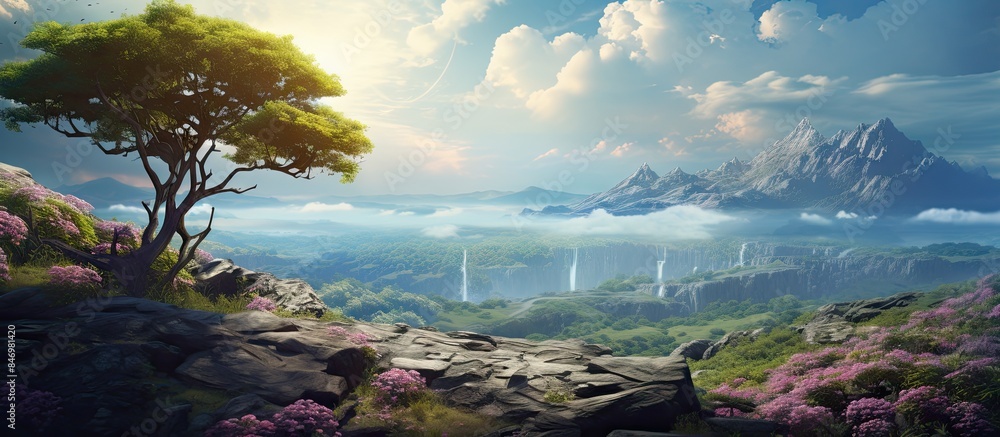 Poster majestic view of a mountainous scene with a solitary tree and a waterfall flowing gracefully, showca