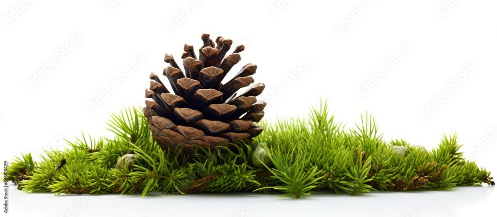 Fototapete Pine cone close up shown on a patch of green grass in natural setting. with copy space image. Place for adding text or design