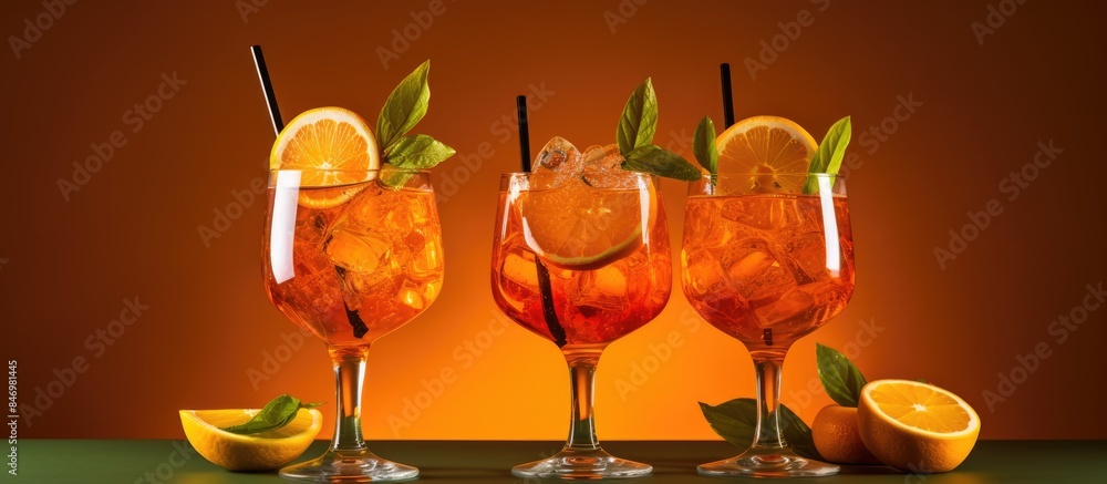 Poster the image features three glasses filled with refreshing orange juice, garnished with lemon slices an