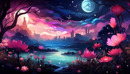 Obraz premium Garden with blooming flowers and butterflies, flat design, front view, nature theme, cartoon drawing, Analogous Color Scheme