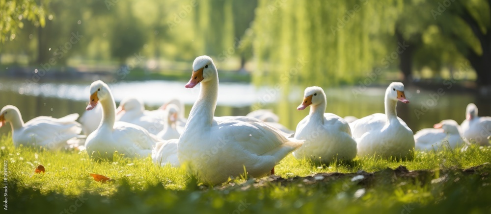 Poster White ducks leisurely wander near a tranquil pond surrounded by vibrant greenery and trees. with copy space image. Place for adding text or design