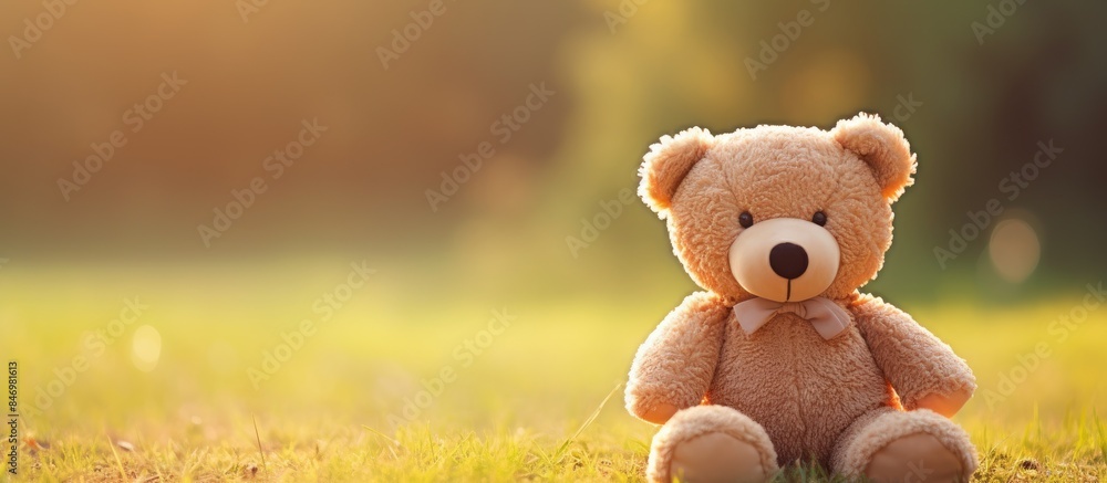 Poster cute teddy bear lounging in the grass under the sun with a simple white t-shirt. with copy space ima