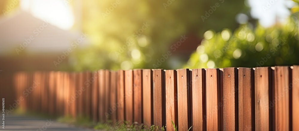 Poster Closeup view of a wooden fence along a sidewalk in a residential neighborhood. with copy space image. Place for adding text or design