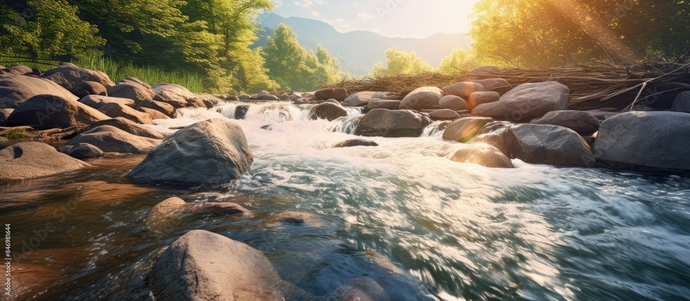 Poster River showing rocks in flowing water under soft sunlight. with copy space image. Place for adding text or design