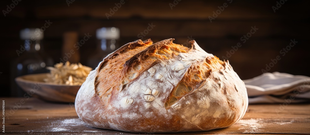 Poster freshly baked round artisan sourdough bread displayed on a circular wooden board. with copy space im