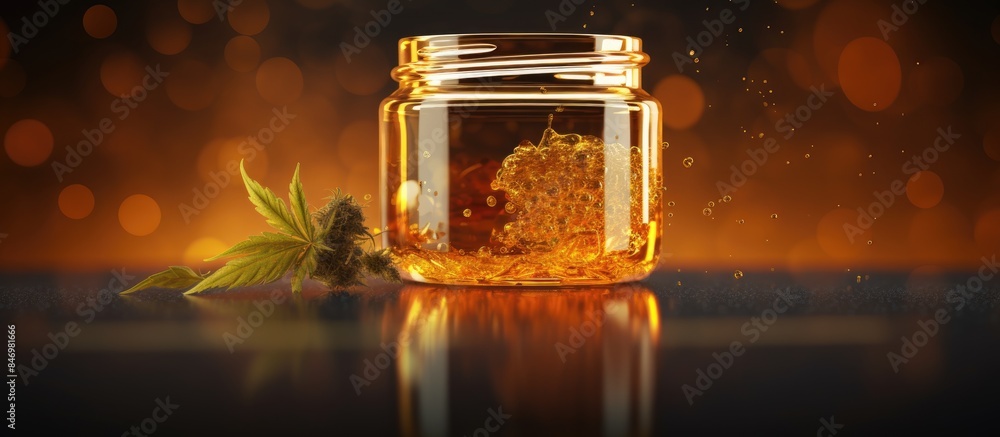Poster glass jar showcasing a marijuana leaf, used for storing medical marijuana thc concentrate and cannab