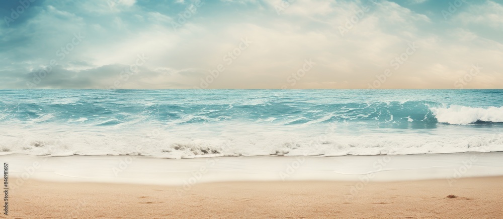 Poster surfboard lying on sandy shore near the sea coast, textured sand in the background. with copy space 