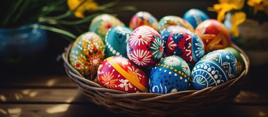 Obraz premium Hand-painted Easter eggs with intricate wax resist patterns, placed in a rustic straw basket on a table. with copy space image. Place for adding text or design