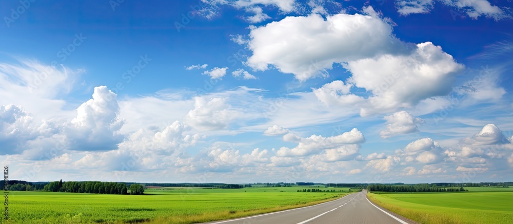 Aufkleber A never-ending highway stretches through lush green fields under a dramatic cloudy blue sky. with copy space image. Place for adding text or design