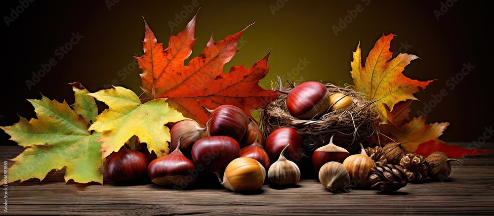 Aufkleber Chestnuts and colorful autumn leaves arranged in a still life composition. with copy space image. Place for adding text or design