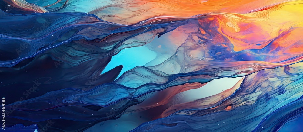 Poster detailed view of a painting depicting swirling blue and orange liquids. with copy space image. place