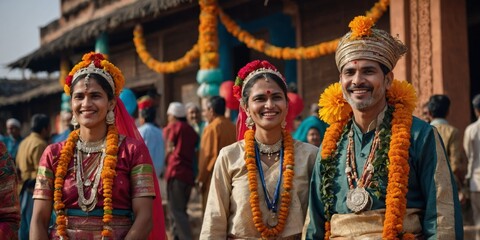 Fototapeta premium A group of people in vibrant traditional Indian festival attire, smiling and enjoying the festivities