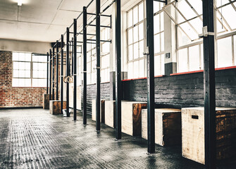 Equipment, pull up bars and fitness in gym for exercise, workout and bodybuilding or health....