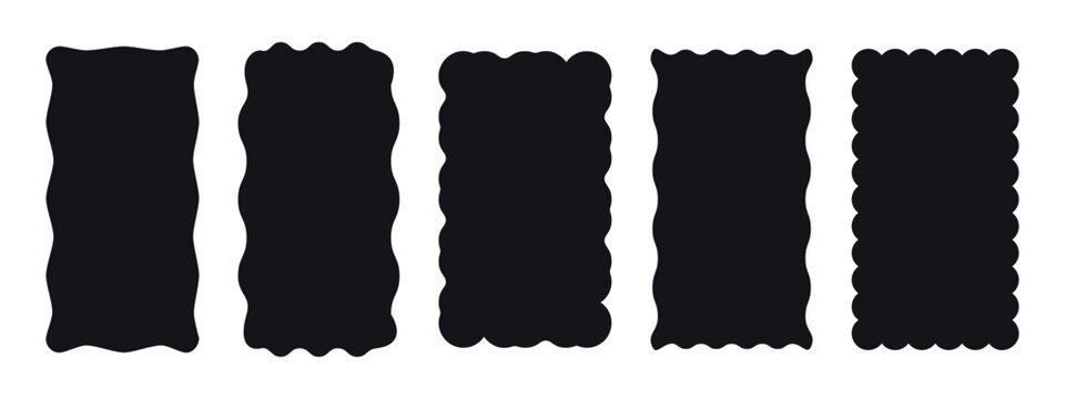 Set of 5 black rectangle with wavy borders. Trendy frame for a photo, picture or mirror. Template, stickers, social media. Vector illustration isolated on a white background.