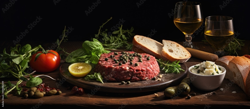 Poster plate showcases a delicious meal of bread, vegetables, and assorted gourmet ingredients. with copy s