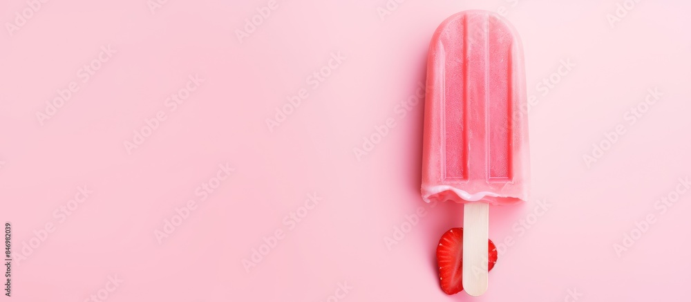 Fototapete Pink ice cream bar topped with fresh strawberry slices displayed on a matching pink background. with copy space image. Place for adding text or design