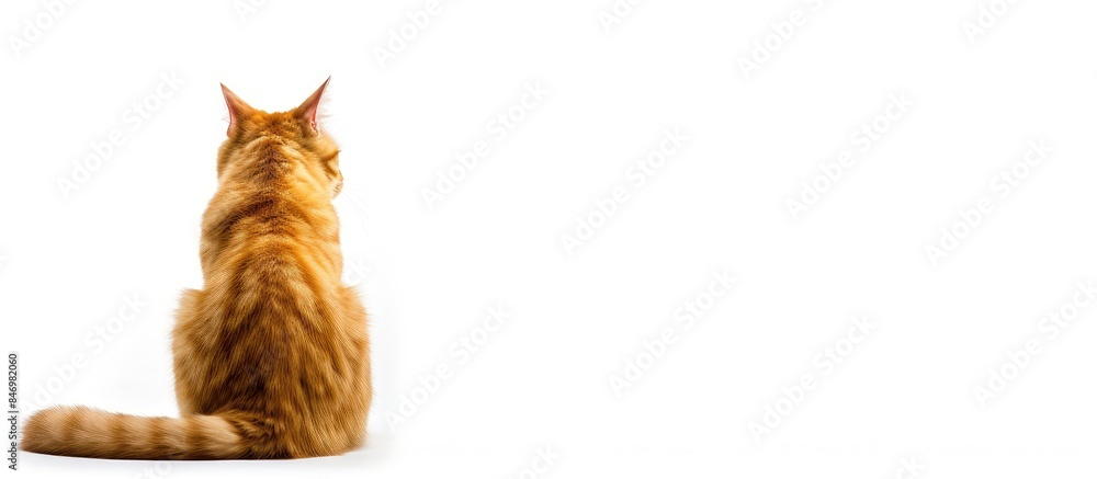 Poster A ginger cat sits isolated on a white square, looking backwards. with copy space image. Place for adding text or design