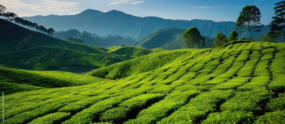 Poster lush tea plantations on hills surrounded by tall trees in the scenic cameron highlands region of aus