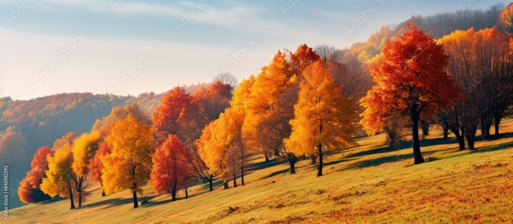 Poster Maple trees with vibrant colorful leaves lining the hilltop under the clear blue sky. with copy space image. Place for adding text or design