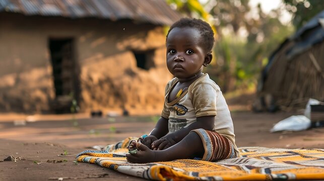 single african toddler  with a fly on his face sitting outdoors on a blanket in front of the house in a village : Generative AI
