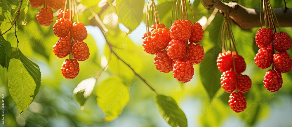 Aufkleber Cluster of ripe fruit hanging from a tree, specifically red mulberry balls ripening on branches. with copy space image. Place for adding text or design
