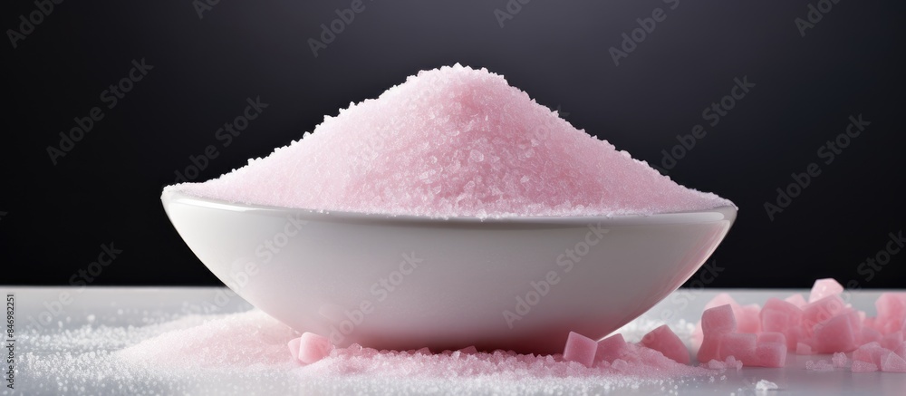 Fototapete close-up view of a bowl filled with pink sugar accompanied by a stack of sugar cubes. with copy spac
