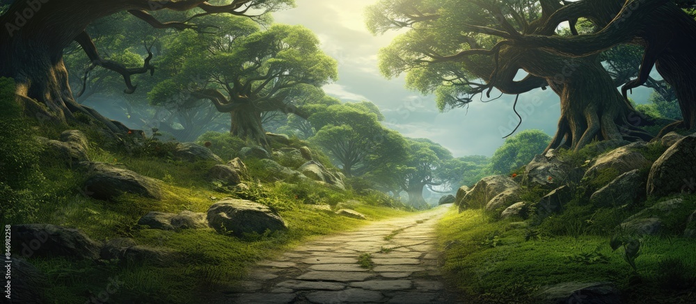 Poster The winding path through the forest is lined with rocks and trees, a natural guide for wanderers. with copy space image. Place for adding text or design