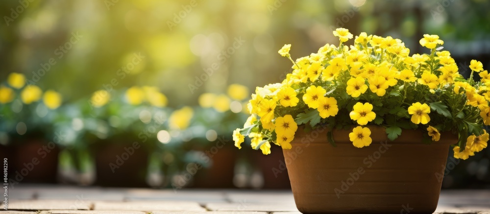 Poster bright yellow flowers arranged in a pot placed on a brick patio under the sunlight. with copy space 