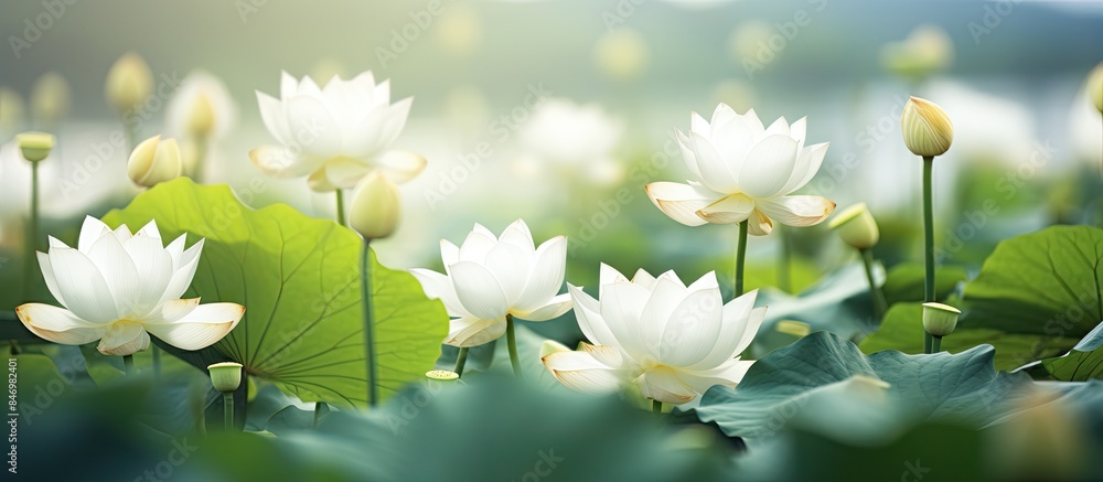 Fototapete Numerous white flowers bloom across the expansive field, creating a serene and picturesque scene. with copy space image. Place for adding text or design