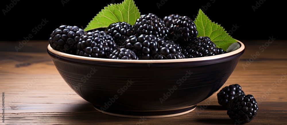 Poster Blackberries with green leaves arranged in a bowl placed on a wooden table. with copy space image. Place for adding text or design
