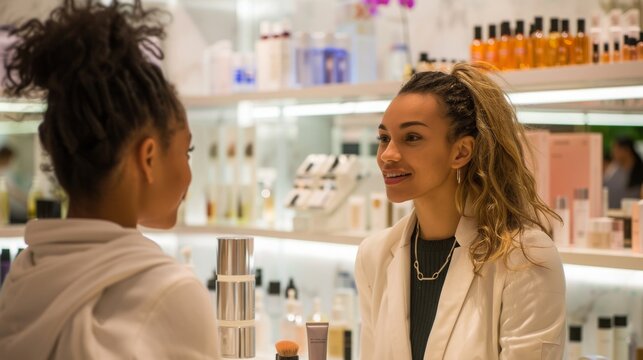 A sales associate in a beauty store helps a customer select products. The associate is wearing a white blazer and smiling at the customer.