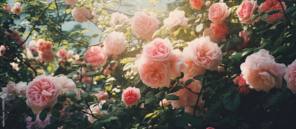 Poster lush pink roses blossom abundantly on a vibrant bush under the sun's rays. with copy space image. pl