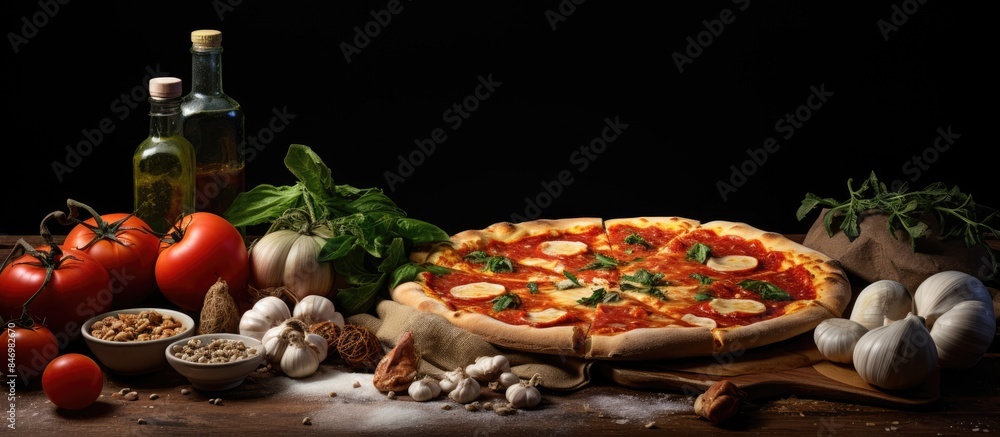 Poster a table displays a delicious pizza surrounded by various fresh seafood ingredients. with copy space 