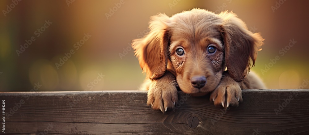 Poster The adorable puppy gazes dolefully while resting its paw on the top of a fence. with copy space image. Place for adding text or design