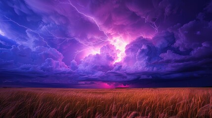 A dramatic purple lightning storm illuminates a field of golden wheat.