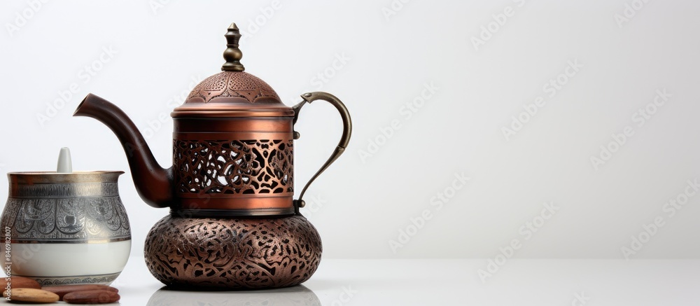 Leinwandbilder teapot and cup placed on a tabletop surface. nearby, a turkish coffee pot and a portable heater disp