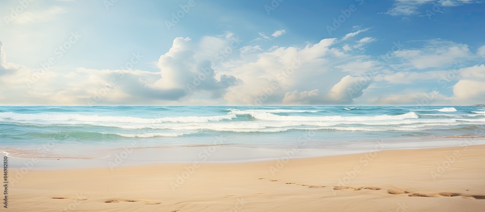 Wall mural Man walking along the shore of a beach while carrying a surfboard under his arm. with copy space image. Place for adding text or design - Wall murals
