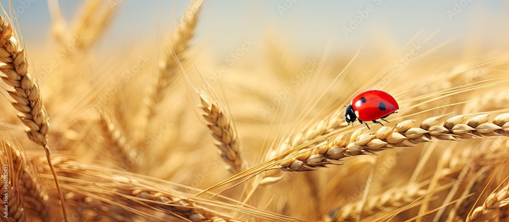Fototapete Red ladybug perched on a wheat stalk in a windy golden field during autumn. with copy space image. Place for adding text or design