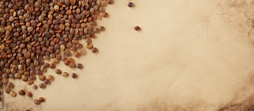 Fototapete Pile of seeds on a table with a piece of paper juxtaposed with textured old paper background featuring lentils. with copy space image. Place for adding text or design