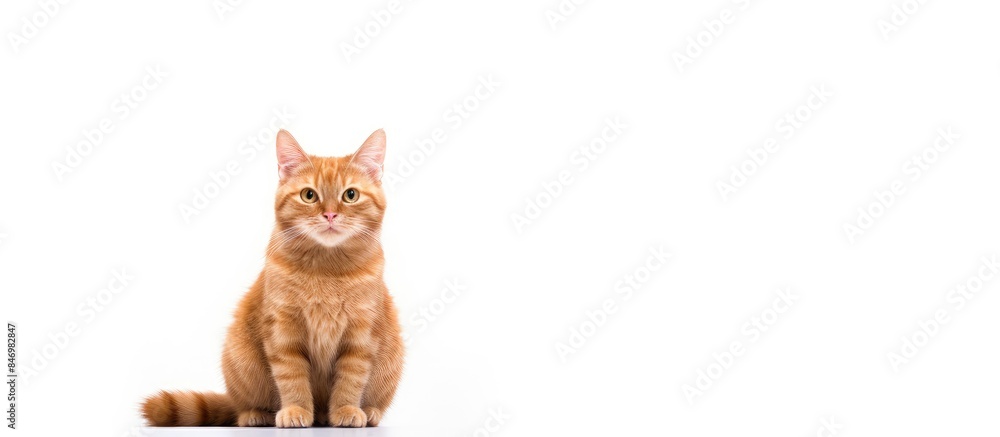 Poster ginger feline seated, looking upwards on the ground. with copy space image. place for adding text or