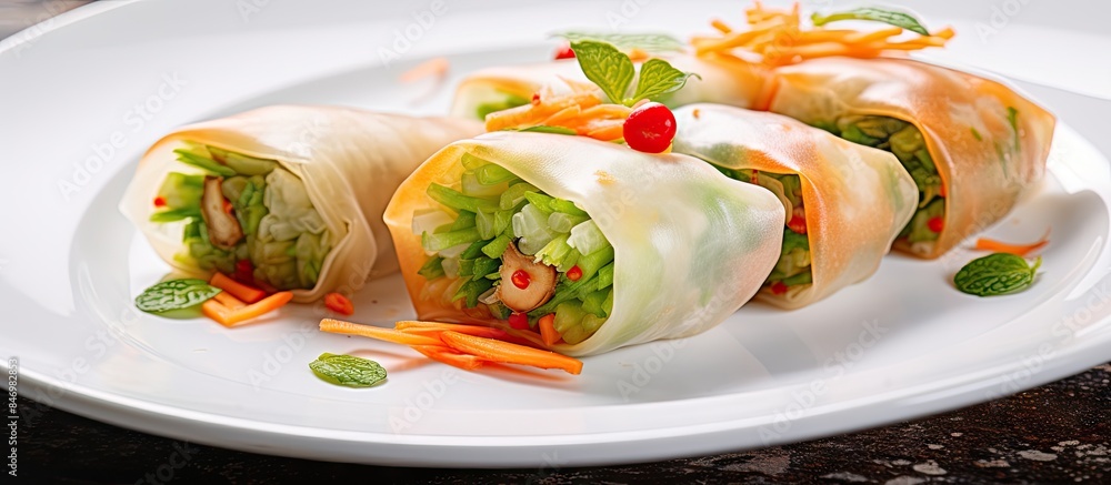Leinwandbilder Spring rolls, filled with vegetables, are arranged on a white plate accompanied by a decorative garnish. with copy space image. Place for adding text or design