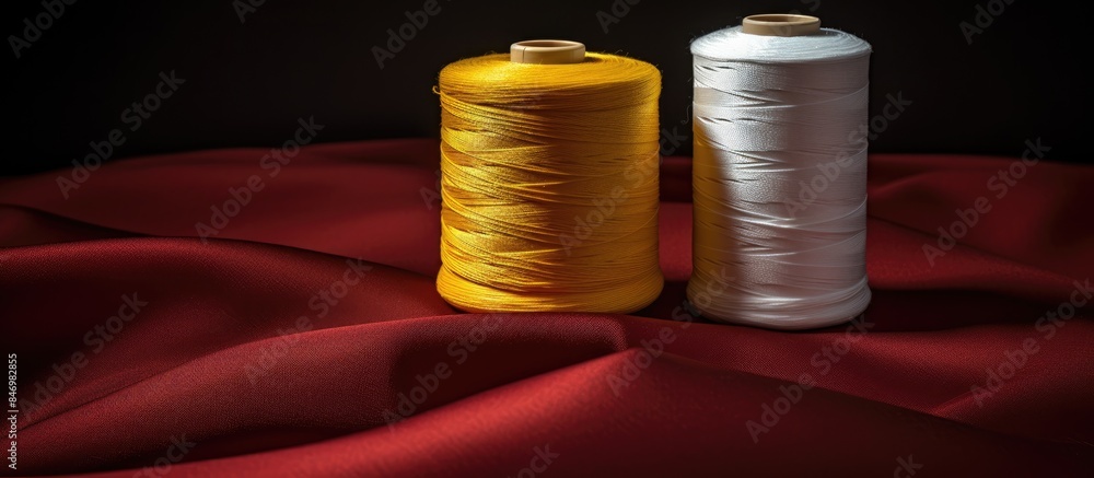 Poster spools of thread and sewing supplies on dark red cloth with textile texture. with copy space image. 