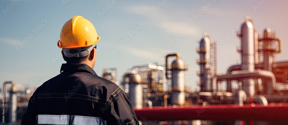 Poster professional worker wearing a hard hat is inspecting an industrial plant meticulously. with copy spa
