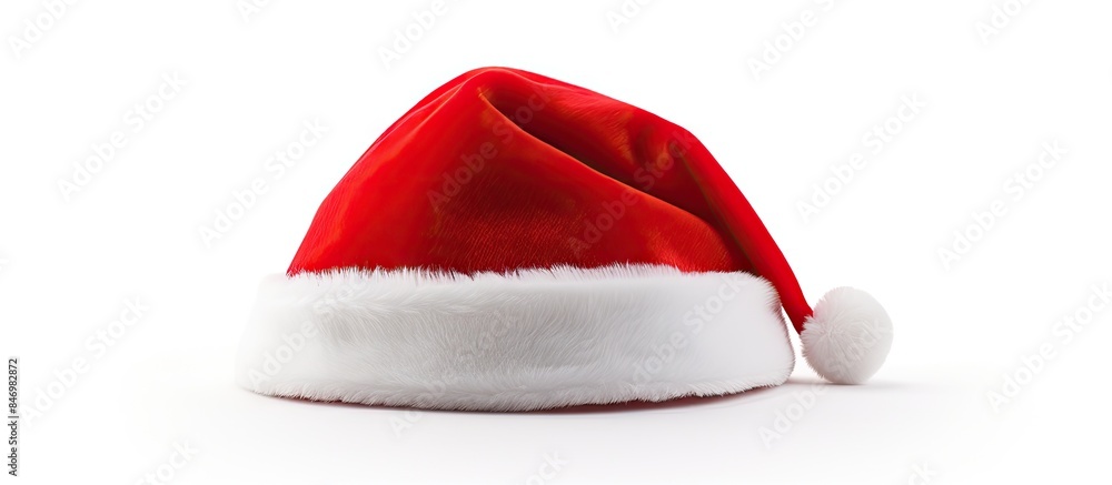 Poster A Santa Claus hat with fluffy white fur placed on a plain white background, perfect for holiday designs. with copy space image. Place for adding text or design
