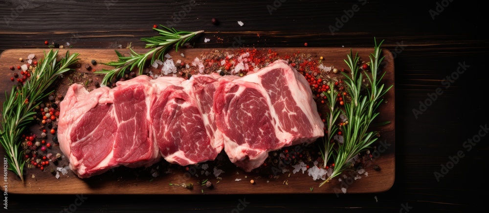 Poster Close-up of raw beef steaks with fresh rosemary sprigs on a wooden cutting board, ready for cooking. with copy space image. Place for adding text or design