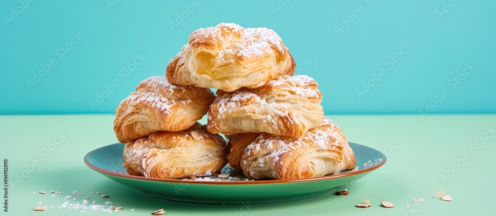 Aufkleber Plate of croissants showcased on a table, home baked puff pastries in mumps shape on a colorful background viewed from above. with copy space image. Place for adding text or design