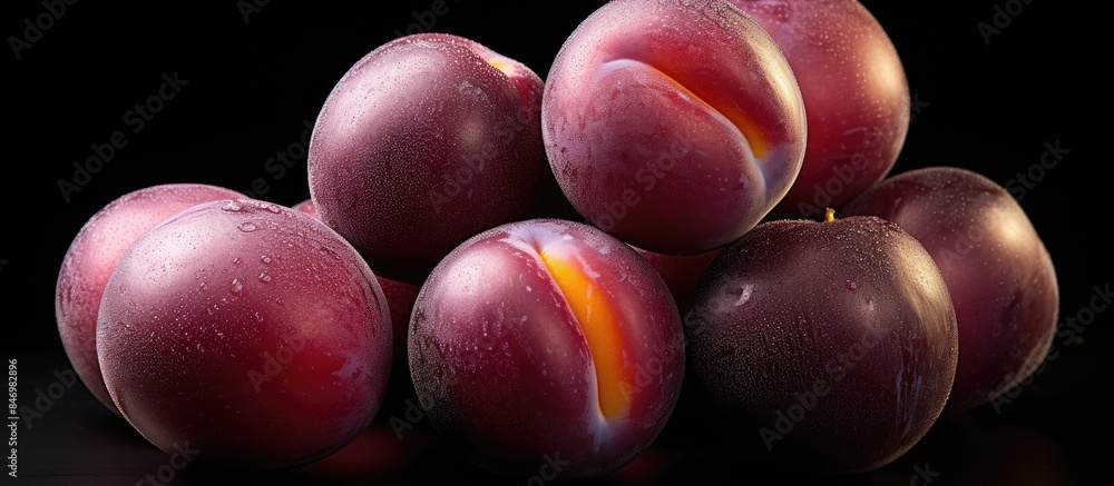 Leinwandbilder pluots, a hybrid fruit combining plum and apricot, also known as dinosaur eggs, displayed on a black