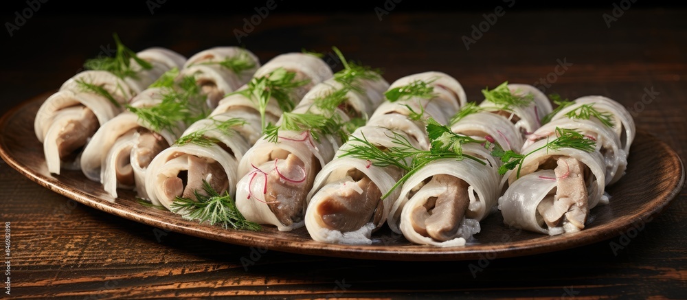 Aufkleber close-up view of a dish containing cooked mushrooms and onions on a plate. with copy space image. pl